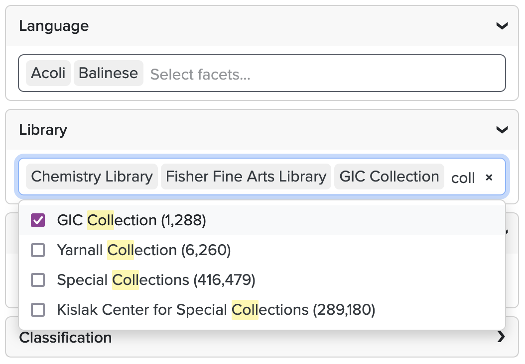 Screenshot showing a custom blacklight advanced search faceting implementation